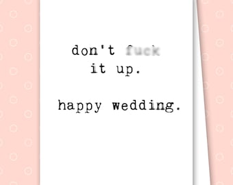 Tarjeta de boda divertida: ¡No la cagues!, humor sarcástico sobre el matrimonio, segundas nupcias, A2, interior en blanco