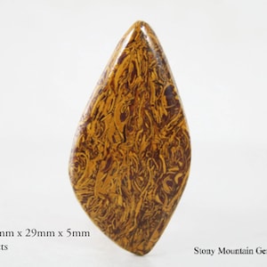 May include: A polished, teardrop-shaped gemstone with a swirling pattern of brown and gold. The stone measures 2.17 inches long, 1.14 inches wide, and 0.2 inches thick. The gemstone weighs 63 carats.