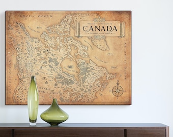 Fantasy Map of Canada - Tolkien/LOTR/DnD Style - 100% Hand-Drawn - Dragons, Sea Monsters, Wildlife, Landmarks - Wall Art - Digital File