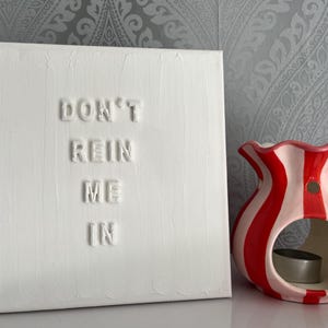 May include: A white canvas with the words "DON'T REIN ME IN" embossed on the front. A red and white striped ceramic oil warmer is to the right of the canvas. The oil warmer has a circular opening for a tea light.