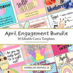 Può includere: Un pacchetto di modelli Canva modificabili a tema aprile. I design presentano colori pastello e illustrazioni giocose, con testo come "Hello April" e "Blueberries". Ideale per i social media.