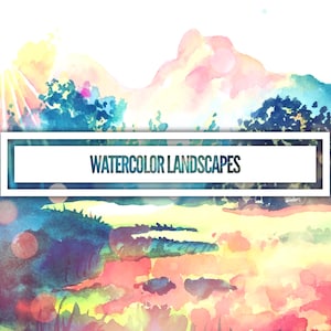 May include: Watercolor painting of a landscape with mountains, trees, and a sun shining in the sky. The text "WATERCOLOR LANDSCAPES" is in the center of the image.