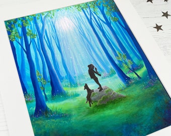 Little Wolfling Mounted Art Print, Cute Childrens Art, Wolf Spirit Print, Blue Fantasy Forest, Magical Girls Decor.