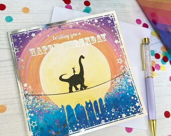 Dino Birthday Card With Silver Foil Detailing, Fun Birthday Cards For Girls, Eco Card printed and published in UK.