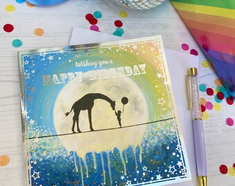 Magical Giraffe Birthday Card With Silver Foil Detailing, Fun Birthday Cards For Boys, Eco Card printed and published in UK.