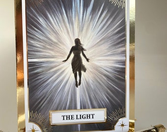 The Light, Gold foil message card. Blank inside with a guidance and encouragement message on the back. Cards that are good enough to frame!