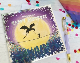 Dragon Birthday Card With Silver Foil Detailing, Fun Birthday Cards For Girls, Eco Card printed and published in UK.