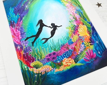 Hidden Magic Mounted Art Print, Mermaid Art, Underwater Wall Art, Fantasy Gift for Mermaid lovers.