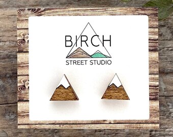 Mountain Earrings, Nature Earrings, Mountain Studs, Mountain Jewelry, Wooden Earrings, Wood Stud Earrings, Canada Jewelry, Minimalist Studs