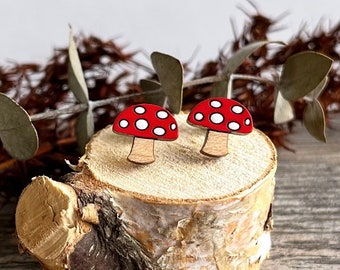 Mushroom Earrings, Mushroom Jewelry, Stud Earrings, Cottagecore Earrings, Wood Earrings, Nature Earrings, Outdoorsy Earrings, Red Mushrooms