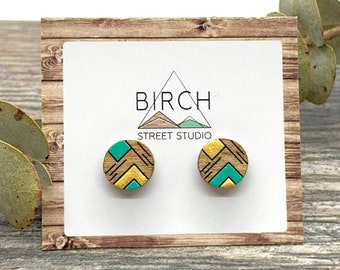 Wood Stud Earrings, Mismatched earrings, Small geometric earrings, Mint green and gold, Gifts for Her, Mother’s Day Gift, Hypoallergenic