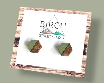 Hexagon Stud Earrings, Hand Painted Wood Geometric Earrings with Hypoallergenic Surgical Steel Posts, Black, Mint, Purple, Blue, Moss Green