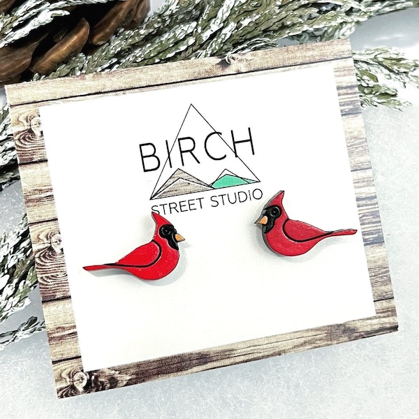 Bird Earrings, Cardinal Earrings, Stud Earrings, Wooden Studs, Bird Lover Gift, Red Cardinal, Bird Jewelry, Bird Watcher Gift, Nickel Free