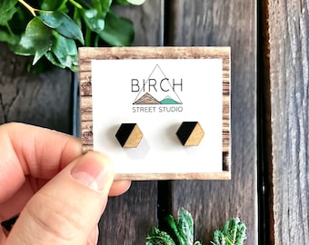Hexagon Stud Earrings, Hand Painted Wood Geometric Earrings with Hypoallergenic Surgical Steel Posts, Black, Mint, Purple, Blue, Moss Green