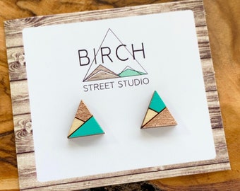 Stud Earrings, Wooden Stud Earrings, Triangle Stud Earrings, Mismatched Earrings, Minimalist Earrings, Geometric Earrings, Wood Earrings,