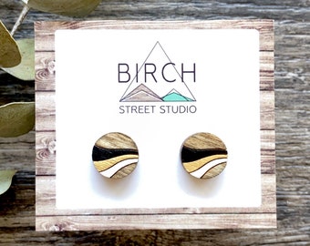 Small Round Wood Stud Earrings | Black Gold White | Sensitive Ears | Graduation Gift | Birthday Gift | Nickel Free