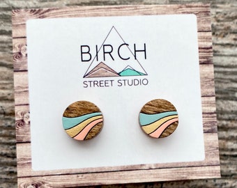 Wooden Stud Earrings | Gifts for Her | Round Wood Earrings | Peach Gold Blue | Retro | Waves | Nickel Free