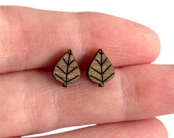 Wooden Leaf Stud Earrings, Surgical Steel Posts, Nature Inspired, Leaves