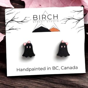 Boo-jee Ghost Earrings, Cute Halloween Studs, Hand Painted Wooden Ghost with Bow, Surgical Steel Posts