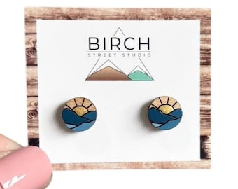 Sunrise / Sunset Earrings, Hand Painted Wood Stud Earrings, Hypoallergenic Steel Posts, Girlfriend Gift