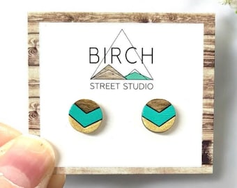 Round Wood Stud Earrings, Hand Painted Mint Green & Gold, Colourful Chevron