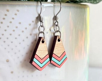 Boho Wood Earrings - Geometric Wood Dangle Earrings with Surgical Steel Hooks
