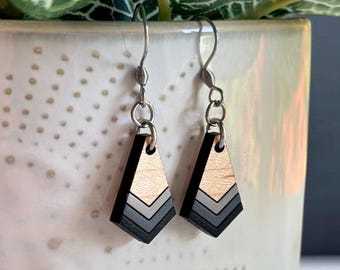Boho Wood Earrings - Geometric Wood Dangle Earrings with Surgical Steel Hooks