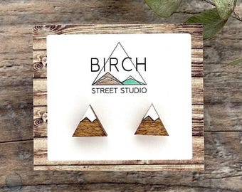 Mountain Earrings, Nature Earrings, Mountain Studs, Mountain Jewelry, Wooden Earrings, Wood Stud Earrings, Canada Jewelry, Minimalist Studs