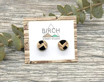 Stud Earrings, Wood Stud Earrings, Minimalist Earrings, Geometric Earrings, Small Round Studs, Black Stud Earrings, Wooden Earrings,
