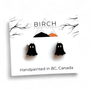 Boo-jee Ghost Earrings – Cute Halloween Studs | Hand Painted Wooden Ghost with Bow | Surgical Steel Posts