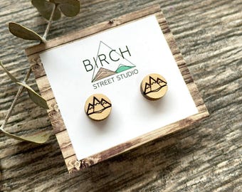Mountain Earrings, Mountain Stud Earrings, Wood Earrings, Mountain Jewelry, Canada Earrings, Women's Earrings, Mens Earrings, Nature Earring
