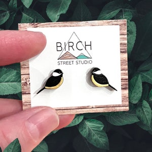 Bird Earrings, Chickadee Earrings, Robin Earrings, Wood Stud Earrings, Black Bird Earrings, Nature Earrings, Bird Lover Gift, Hypoallergenic Black Chickadees