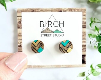 Wood Stud Earrings, Round Wooden Studs, Small geometric earrings, Mint Green Earrings, Gifts for Her, Abstract Earrings, Hypoallergenic