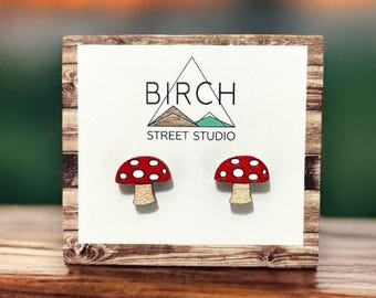 Wood Mushroom Stud Earrings, Hand Painted, Hypoallergenic Steel Posts
