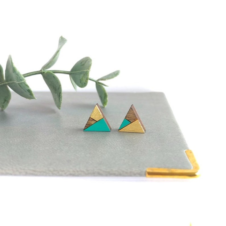 Mismatched Earrings Tiny Triangle Stud Earrings Triangle Earrings Mint and Gold Wood Earrings Geometric Earrings