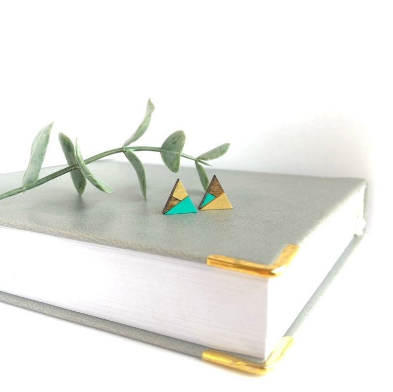 Mismatched Earrings Tiny Triangle Stud Earrings Triangle Earrings Mint and Gold Wood Earrings Geometric Earrings