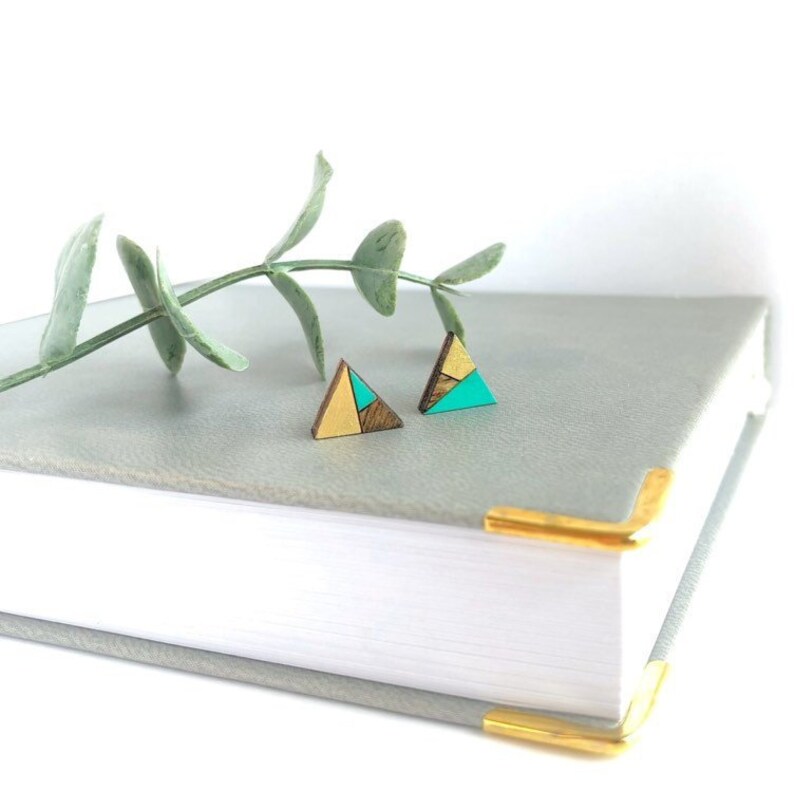 Mismatched Earrings Tiny Triangle Stud Earrings Triangle Earrings Mint and Gold Wood Earrings Geometric Earrings