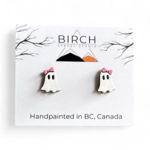 Boo-jee Ghost Earrings – Cute Halloween Studs | Hand Painted Wooden Ghost with Bow | Surgical Steel Posts