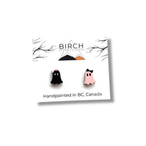 Boo-jee Ghost Earrings – Cute Halloween Studs | Hand Painted Wooden Ghost with Bow | Surgical Steel Posts