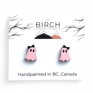 Boo-jee Ghost Earrings – Cute Halloween Studs | Hand Painted Wooden Ghost with Bow | Surgical Steel Posts