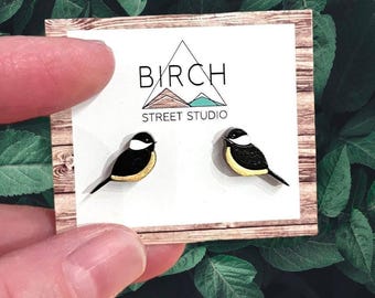 Bird Earrings, Chickadee Earrings, Robin Earrings, Wood Stud Earrings, Black Bird Earrings, Nature Earrings, Bird Lover Gift, Unique Gift