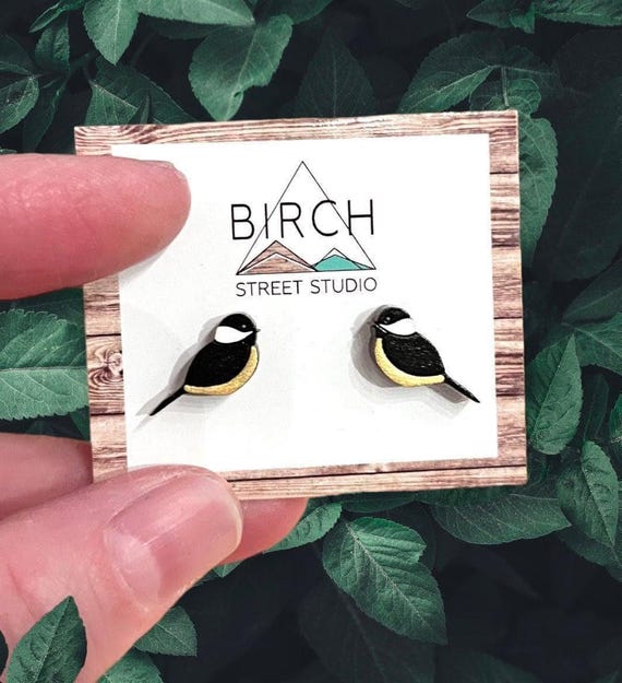 Bird Earrings, Chickadee Earrings, Robin Earrings, Wood Stud Earrings, Black Bird Earrings, Nature Earrings, Bird Lover Gift, Unique Gift