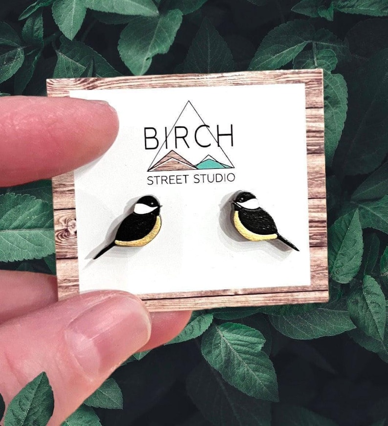 Bird Earrings, Chickadee Earrings, Robin Earrings, Wood Stud Earrings, Black Bird Earrings, Nature Earrings, Bird Lover Gift, Unique Gift image 1