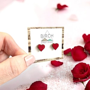 Red Heart Earrings, Black Heart Earrings, Valentine&#39;s Earrings, Heart Stud Earrings, Anniversary Gift, Wooden Earrings, Hand Painted