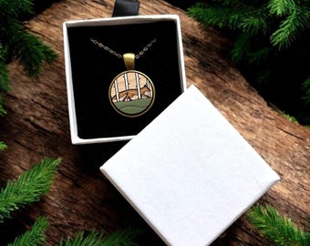 Wood Fox Pendant Necklace, Hand Painted Fox in Forest
