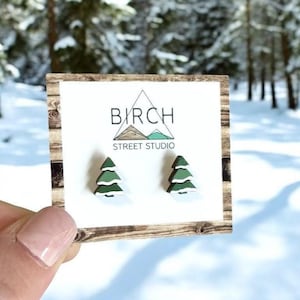 Hand Painted Snowy Tree Wood Stud Earrings with Surgical Steel Posts