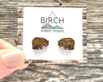 Bear Stud Earrings, Brown Grizzly Bear Wood Jewelry