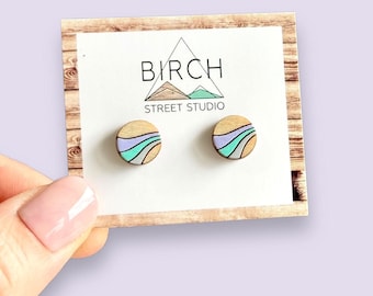 Hand Painted Pastel Round Wooden Stud Earrings.