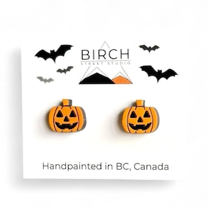 Jack O' Lantern Earrings, Halloween Pumpkin Studs, Wooden Earrings, Hand Painted with Surgical Steel Posts, Spooky Cute Studs, Fall Earrings