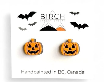 Pumpkin Stud Earrings - Hand Painted Wooden Jack O' Lanterns